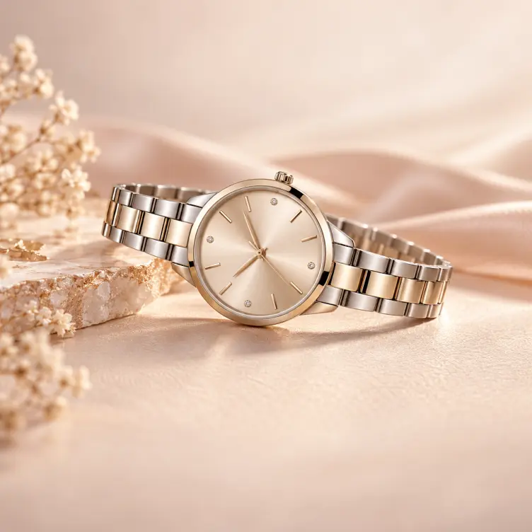 Champagne-dial watch with a silver and gold-tone bracelet on a soft blush background