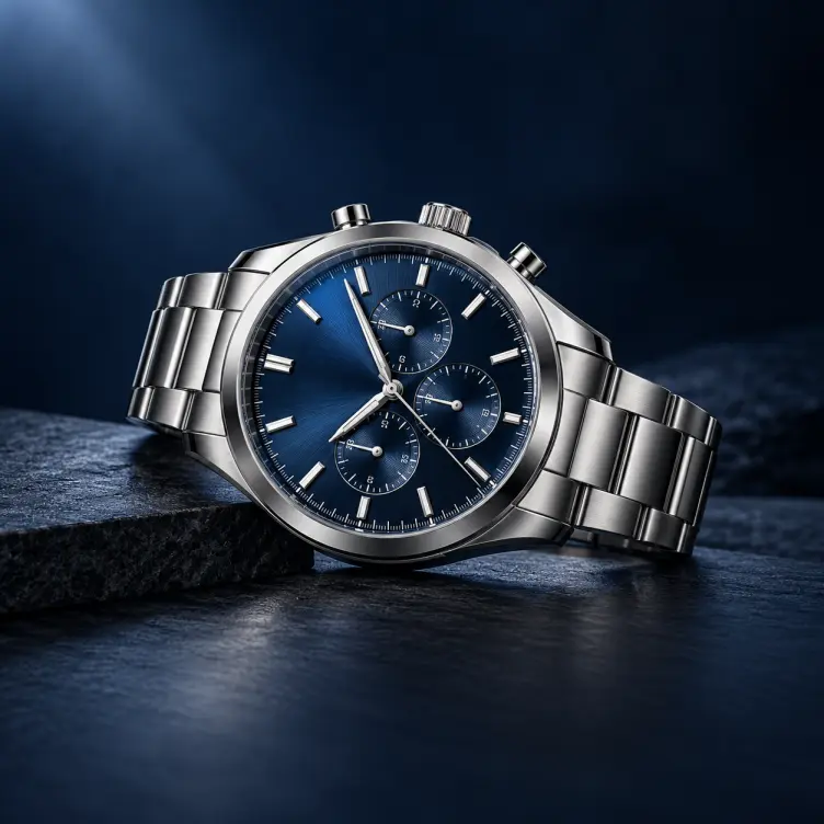 Blue-dial chronograph-style watch with a silver metal bracelet on a dark background